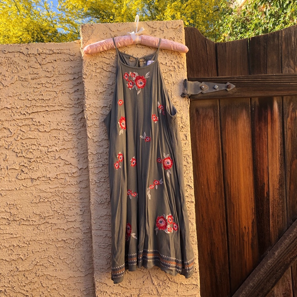 THML Melina Floral Embroidered Olive Dress